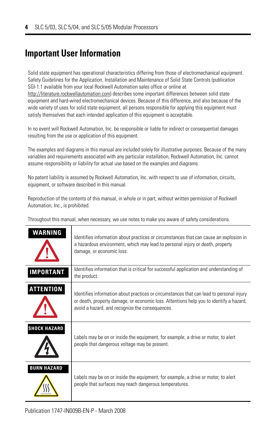 Important user information | Rockwell Automation 1747-L5xx SLC 5/03, 5/04, and 5/05 Modular Processors User Manual | Page 4 / 20