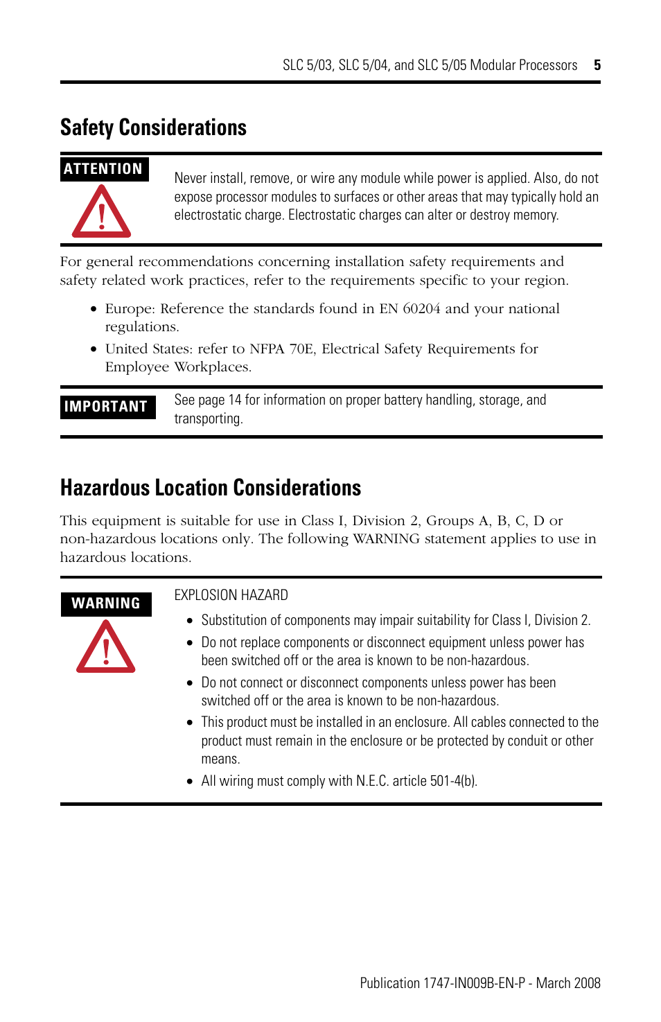 Safety considerations, Hazardous location considerations | Rockwell Automation 1747-L5xx SLC 5/03, 5/04, and 5/05 Modular Processors User Manual | Page 5 / 20
