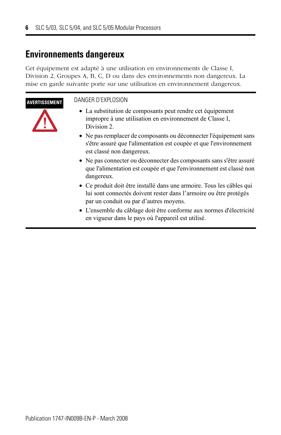 Environnements dangereux | Rockwell Automation 1747-L5xx SLC 5/03, 5/04, and 5/05 Modular Processors User Manual | Page 6 / 20