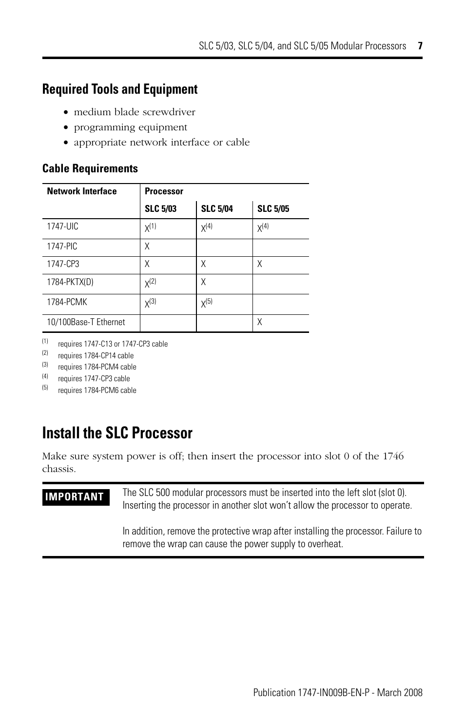Required tools and equipment, Install the slc processor, Cable requirements | Rockwell Automation 1747-L5xx SLC 5/03, 5/04, and 5/05 Modular Processors User Manual | Page 7 / 20