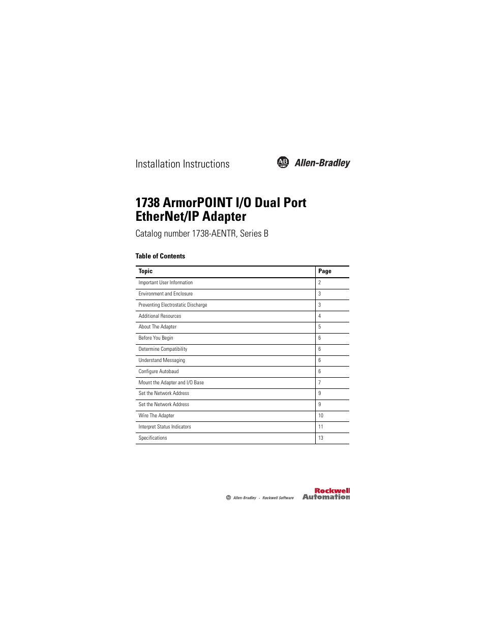 Rockwell Automation 1738-AENTR, Series B ArmorPOINT I/O Dual Port EtherNet/IP Adapter User Manual | 20 pages