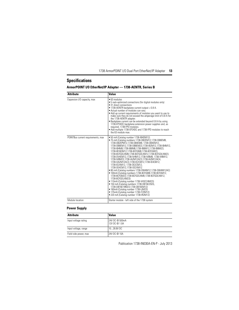 Specifications | Rockwell Automation 1738-AENTR, Series B ArmorPOINT I/O Dual Port EtherNet/IP Adapter User Manual | Page 13 / 20