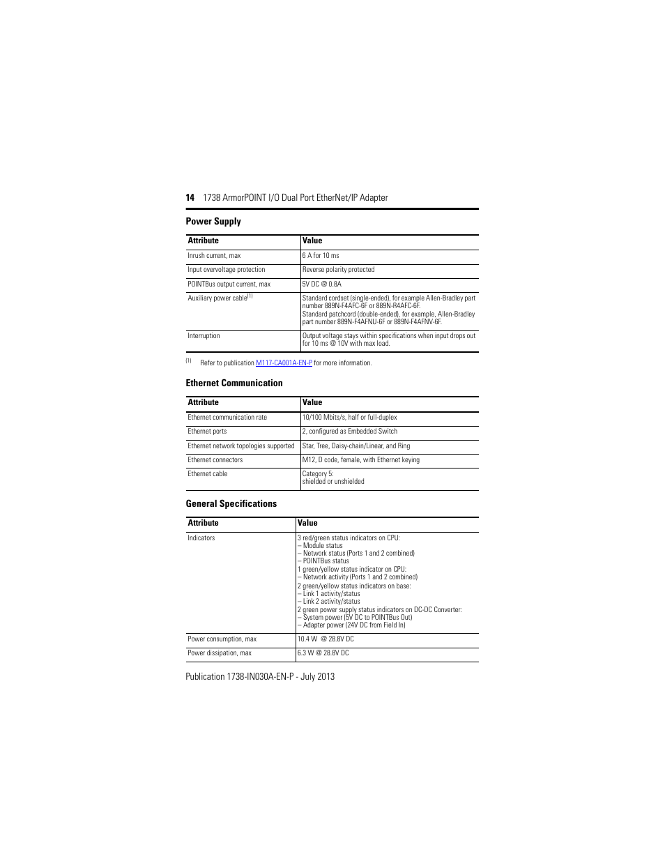 Ethernet communication, General specifications, Power supply | Rockwell Automation 1738-AENTR, Series B ArmorPOINT I/O Dual Port EtherNet/IP Adapter User Manual | Page 14 / 20
