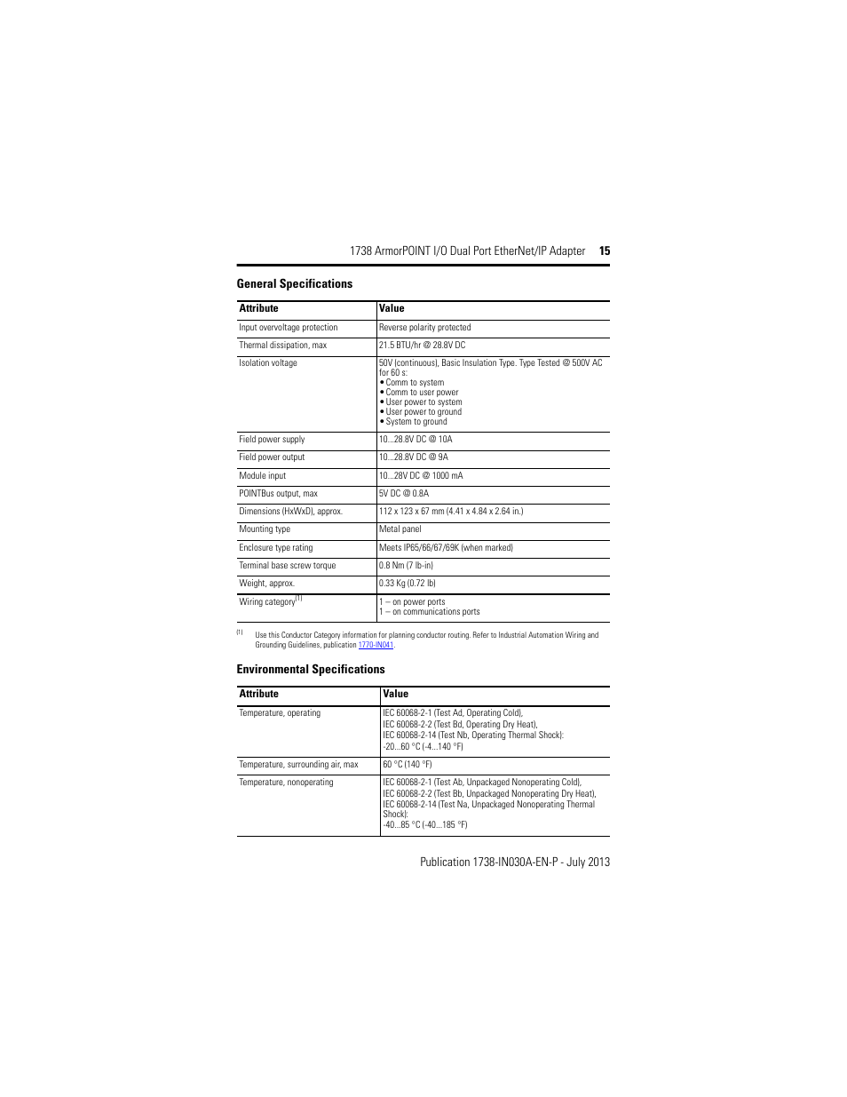 Environmental specifications, General specifications | Rockwell Automation 1738-AENTR, Series B ArmorPOINT I/O Dual Port EtherNet/IP Adapter User Manual | Page 15 / 20