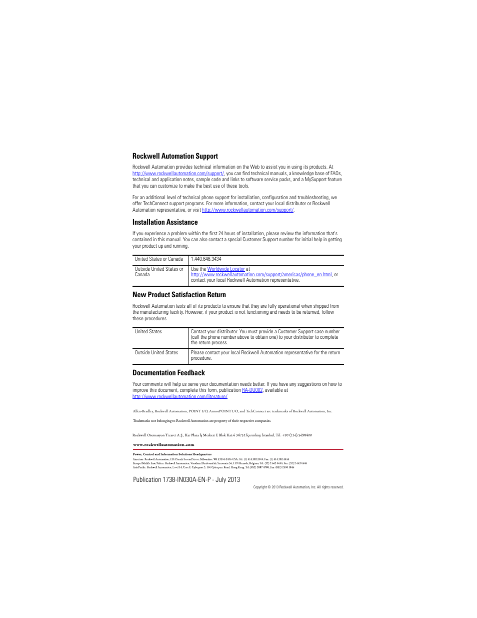 Back cover, Rockwell automation support, Installation assistance | New product satisfaction return, Documentation feedback | Rockwell Automation 1738-AENTR, Series B ArmorPOINT I/O Dual Port EtherNet/IP Adapter User Manual | Page 20 / 20