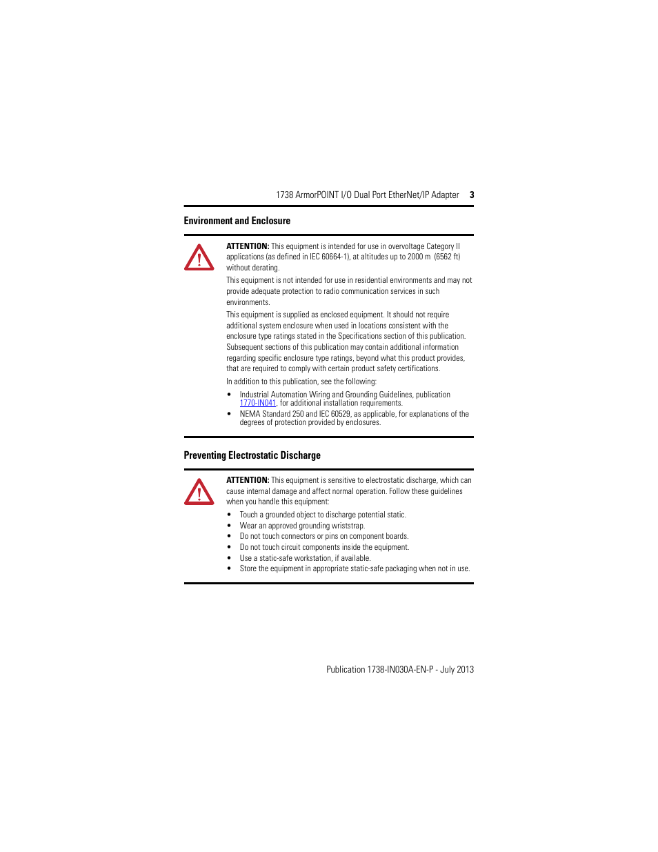 Environment and enclosure, Preventing electrostatic discharge | Rockwell Automation 1738-AENTR, Series B ArmorPOINT I/O Dual Port EtherNet/IP Adapter User Manual | Page 3 / 20
