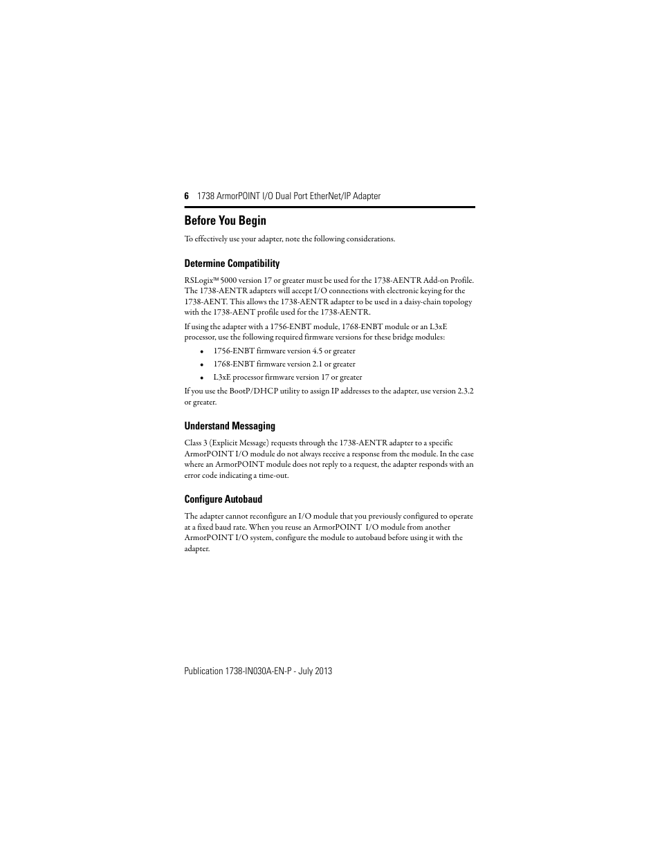 Before you begin, Determine compatibility, Understand messaging | Configure autobaud | Rockwell Automation 1738-AENTR, Series B ArmorPOINT I/O Dual Port EtherNet/IP Adapter User Manual | Page 6 / 20