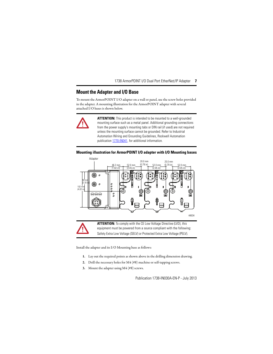 Mount the adapter and i/o base | Rockwell Automation 1738-AENTR, Series B ArmorPOINT I/O Dual Port EtherNet/IP Adapter User Manual | Page 7 / 20