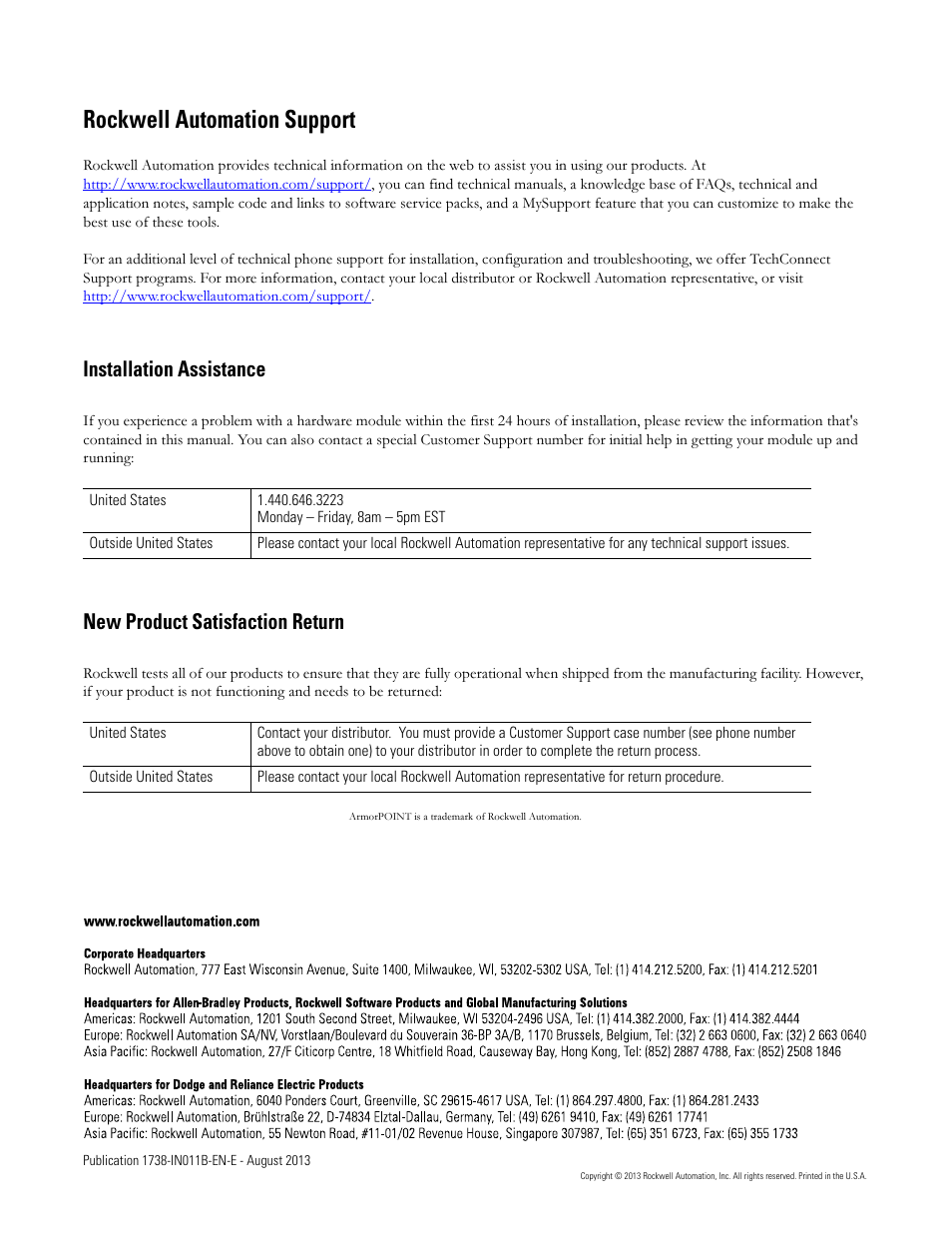 Back cover, Rockwell automation support, Installation assistance | New product satisfaction return | Rockwell Automation 1738-VHSC24M23 ArmorPoint 24V dc Very High Speed Counter Module, Series A User Manual | Page 20 / 20