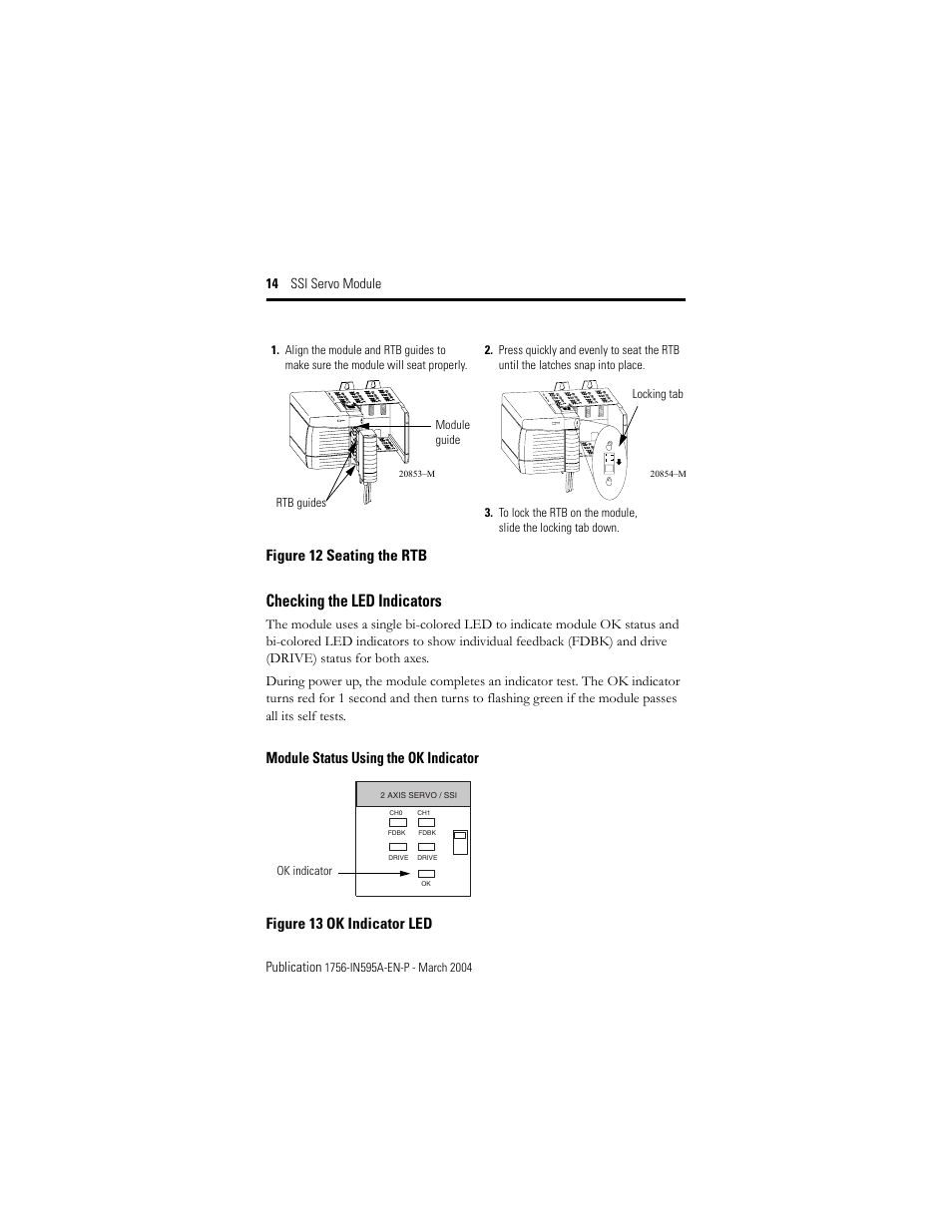 Checking the led indicators, Module status using the ok indicator, Figure 12 seating the rtb | Rockwell Automation 1756-M02AS Motion Module Installation Instructions User Manual | Page 14 / 26