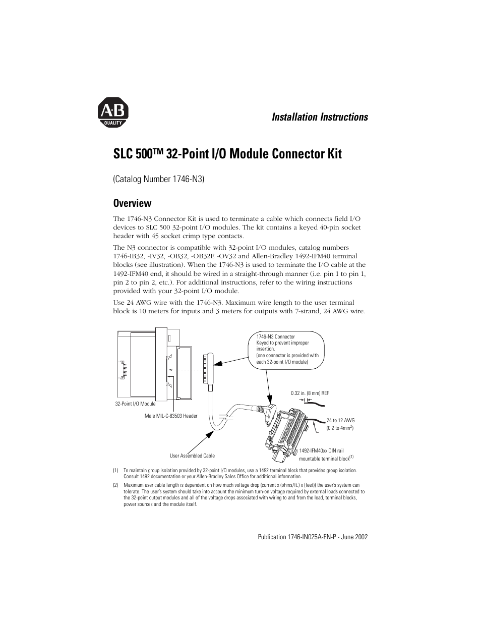 Rockwell Automation 1746-N3 SLC 500 32-Point I/O Module Connector Kit Installation Instructions User Manual | 2 pages