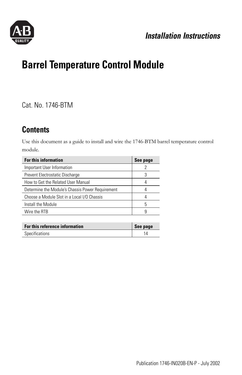 Rockwell Automation 1746-BTM Barrel Temperature Control Module Installation Instructions User Manual | 16 pages