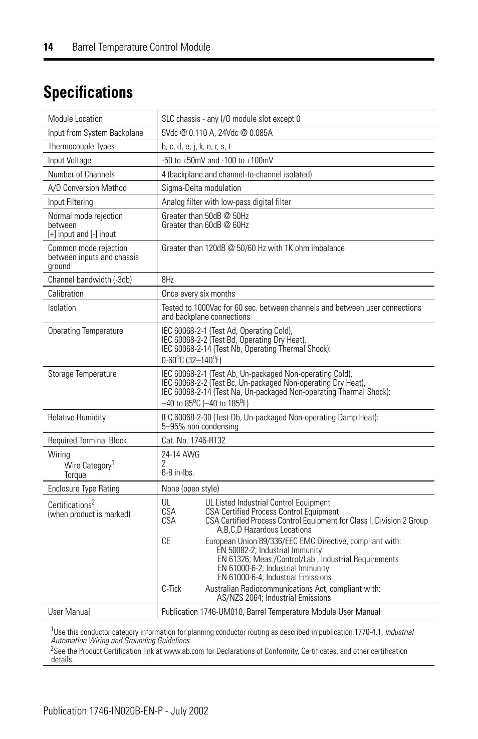 Specifications | Rockwell Automation 1746-BTM Barrel Temperature Control Module Installation Instructions User Manual | Page 14 / 16