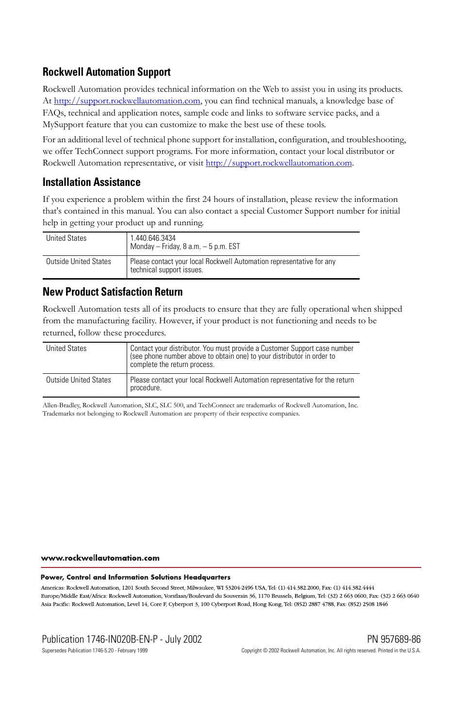 Back cover, Rockwell automation support, Installation assistance | New product satisfaction return | Rockwell Automation 1746-BTM Barrel Temperature Control Module Installation Instructions User Manual | Page 16 / 16