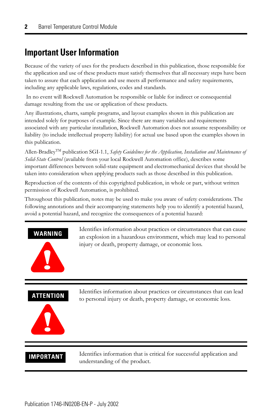 Important user information | Rockwell Automation 1746-BTM Barrel Temperature Control Module Installation Instructions User Manual | Page 2 / 16