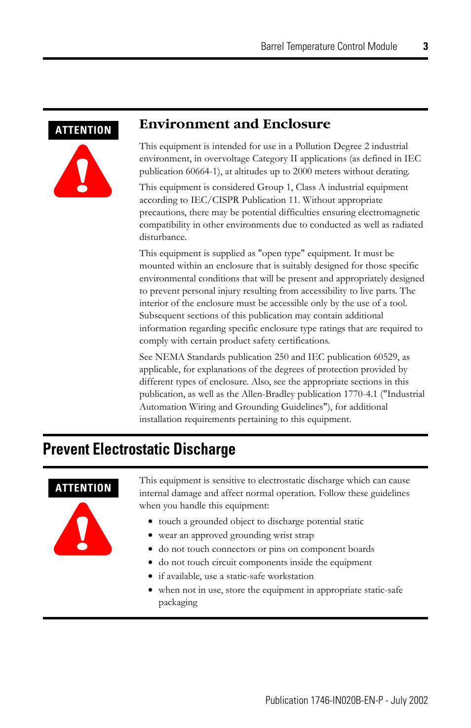 Prevent electrostatic discharge | Rockwell Automation 1746-BTM Barrel Temperature Control Module Installation Instructions User Manual | Page 3 / 16