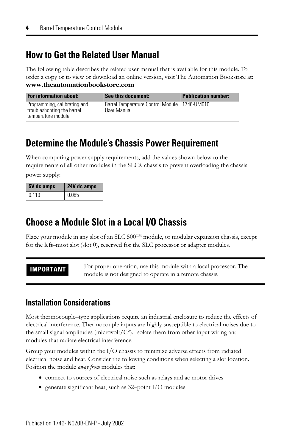 How to get the related user manual, Determine the module’s chassis power requirement, Choose a module slot in a local i/o chassis | Installation considerations | Rockwell Automation 1746-BTM Barrel Temperature Control Module Installation Instructions User Manual | Page 4 / 16