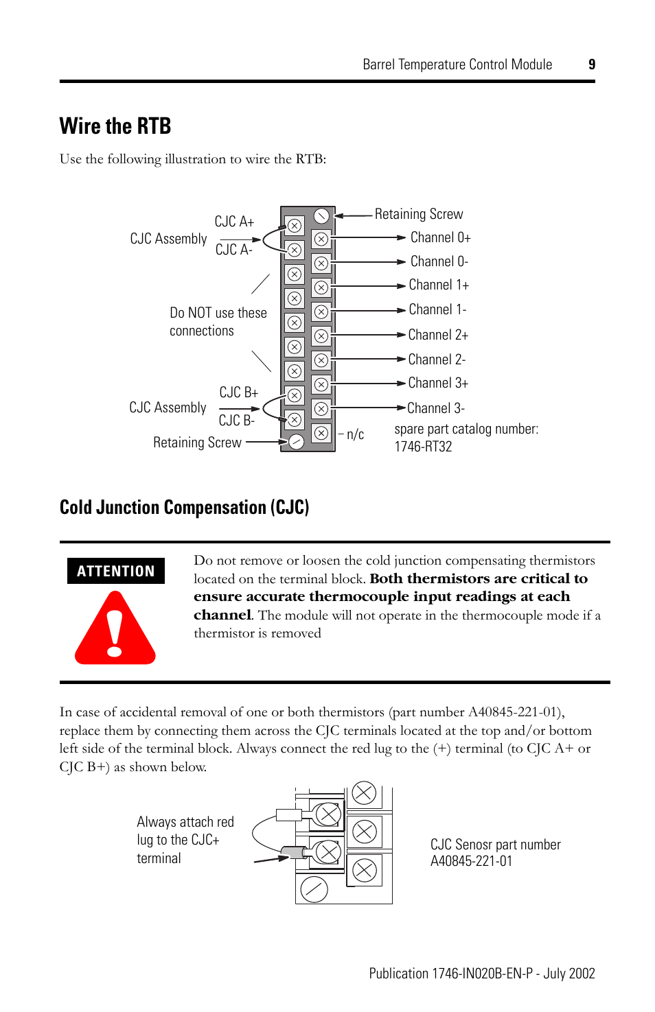 Wire the rtb, Cold junction compensation (cjc) | Rockwell Automation 1746-BTM Barrel Temperature Control Module Installation Instructions User Manual | Page 9 / 16