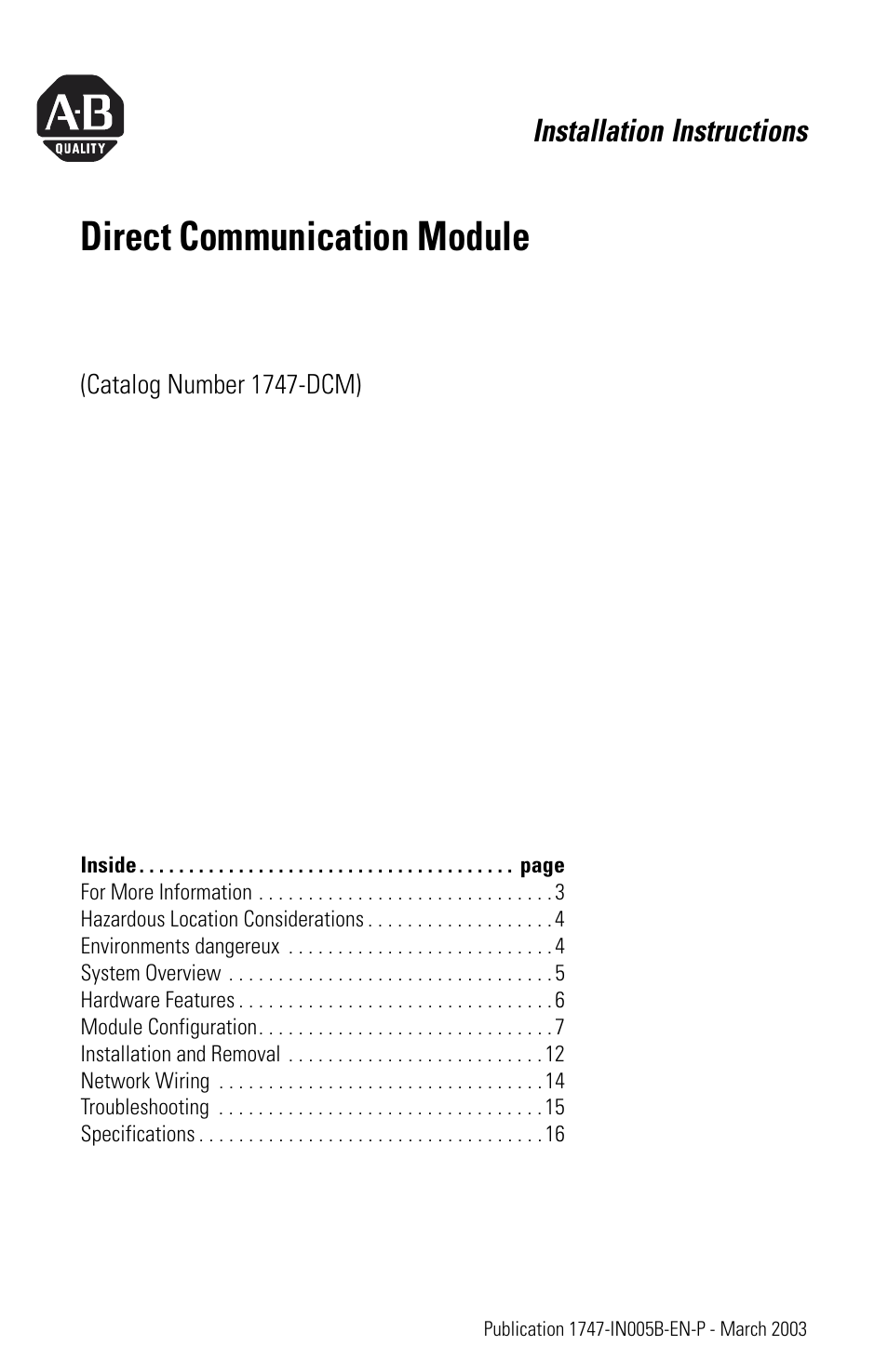 Rockwell Automation 1747-DCM Direct Communication Module User Manual | 16 pages