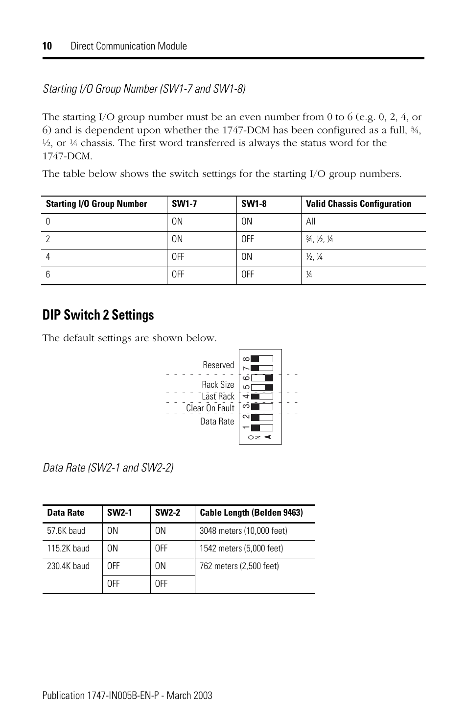 Dip switch 2 settings, Starting i/o group number (sw1-7 and sw1-8), Data rate (sw2-1 and sw2-2) | Rockwell Automation 1747-DCM Direct Communication Module User Manual | Page 10 / 16