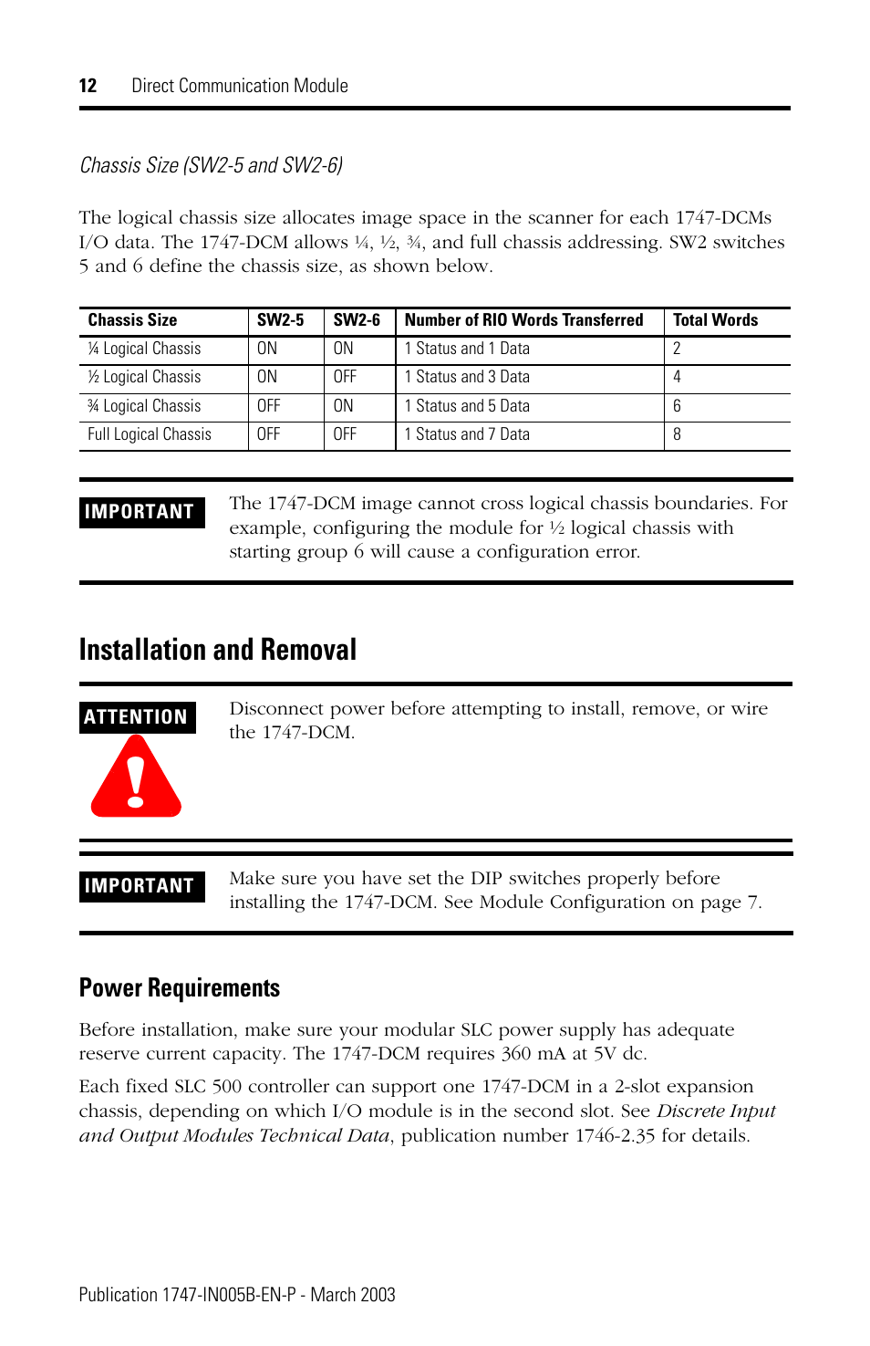 Installation and removal, Power requirements | Rockwell Automation 1747-DCM Direct Communication Module User Manual | Page 12 / 16