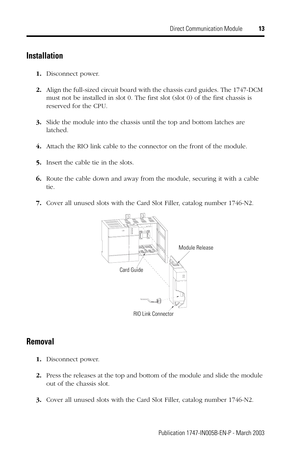 Installation, Removal | Rockwell Automation 1747-DCM Direct Communication Module User Manual | Page 13 / 16