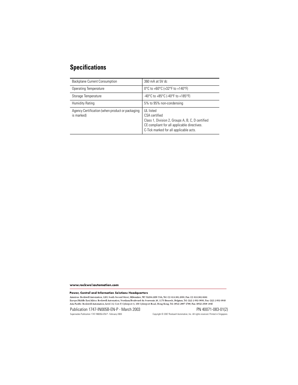 Specifications, Back cover | Rockwell Automation 1747-DCM Direct Communication Module User Manual | Page 16 / 16