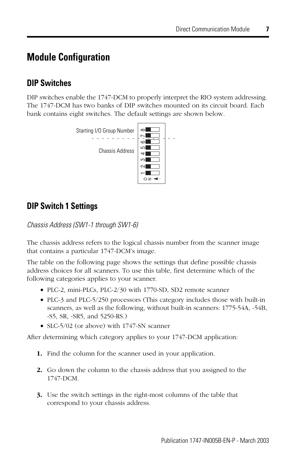 Module configuration, Dip switches, Dip switch 1 settings | Rockwell Automation 1747-DCM Direct Communication Module User Manual | Page 7 / 16