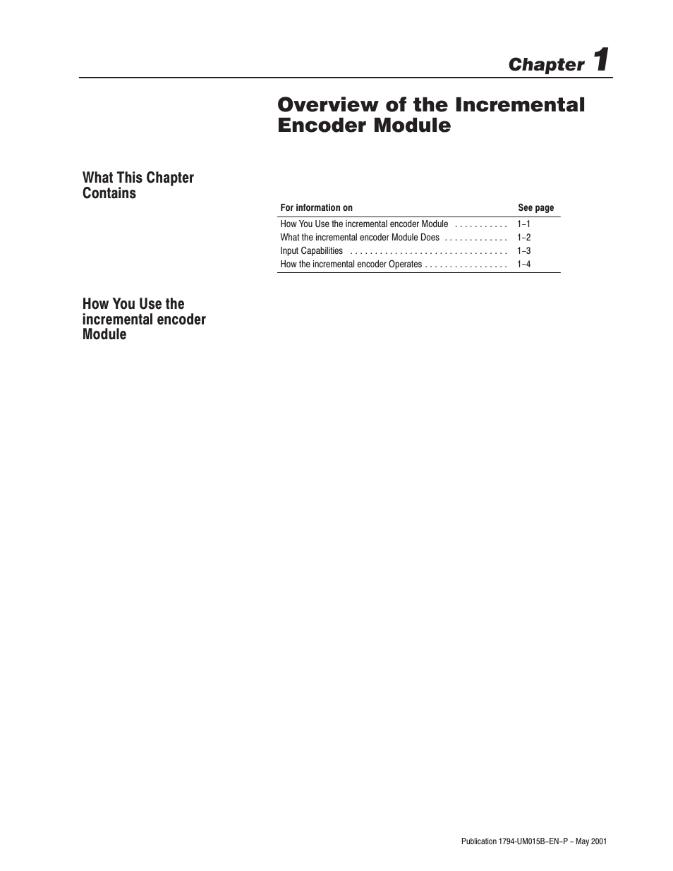 Overview of the incremental encoder module, Chapter | Rockwell Automation 1794-ID2 U.MNL INCREMENTAL ENCODER User Manual | Page 13 / 88