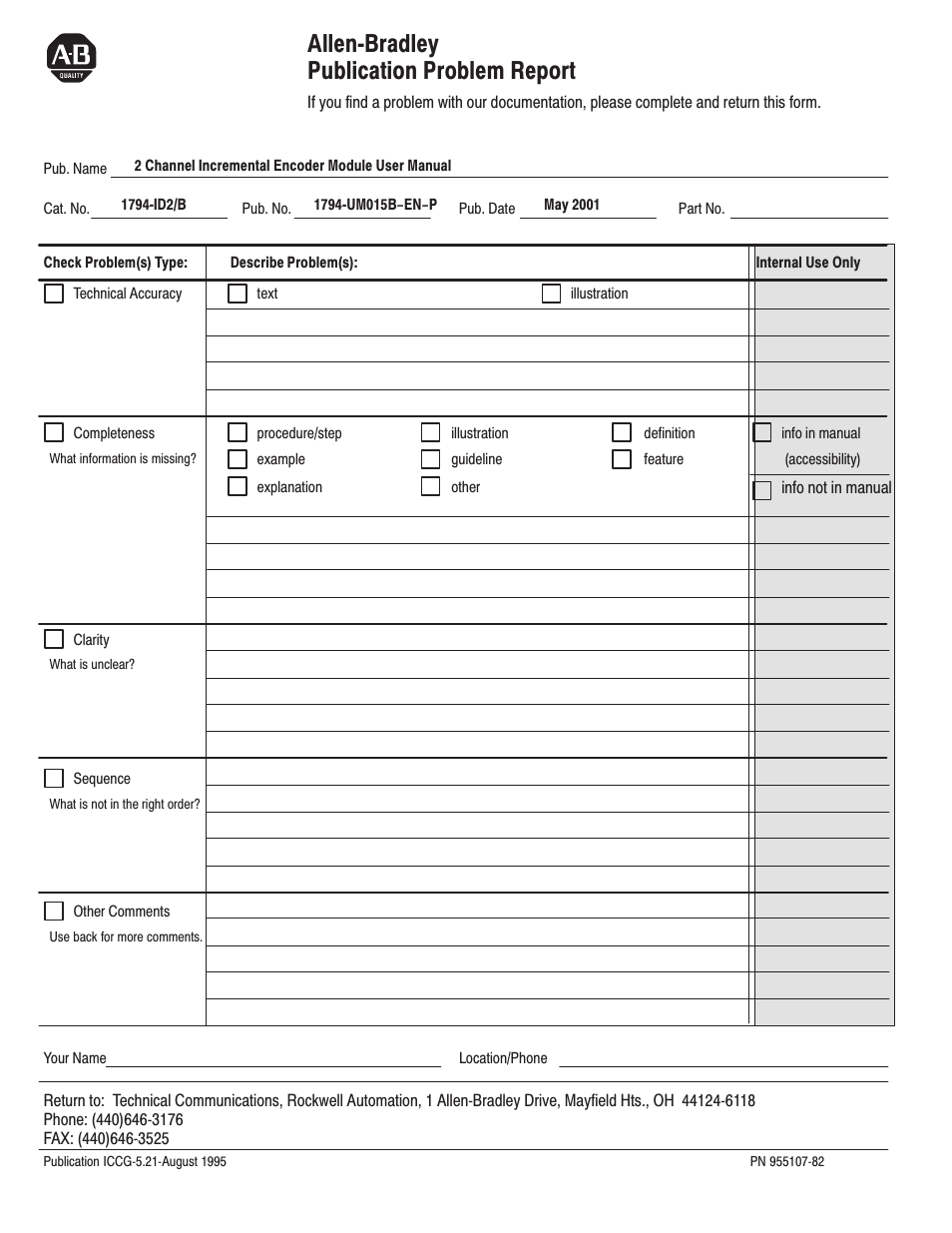 Allenćbradley publication problem report | Rockwell Automation 1794-ID2 U.MNL INCREMENTAL ENCODER User Manual | Page 85 / 88