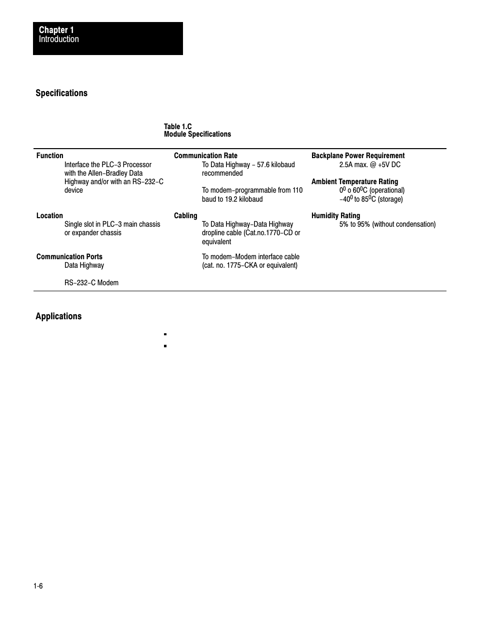 Specifications, Applications | Rockwell Automation 1775-KA PLC-3 Communication Adapter Module User Manual User Manual | Page 10 / 239