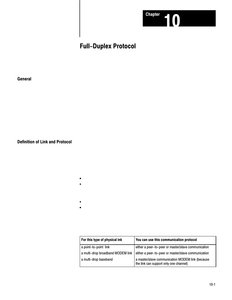 10 - full duplex protocol, General, Definition of link and protocol | 10ć1, Full-duplex protocol | Rockwell Automation 1775-KA PLC-3 Communication Adapter Module User Manual User Manual | Page 105 / 239