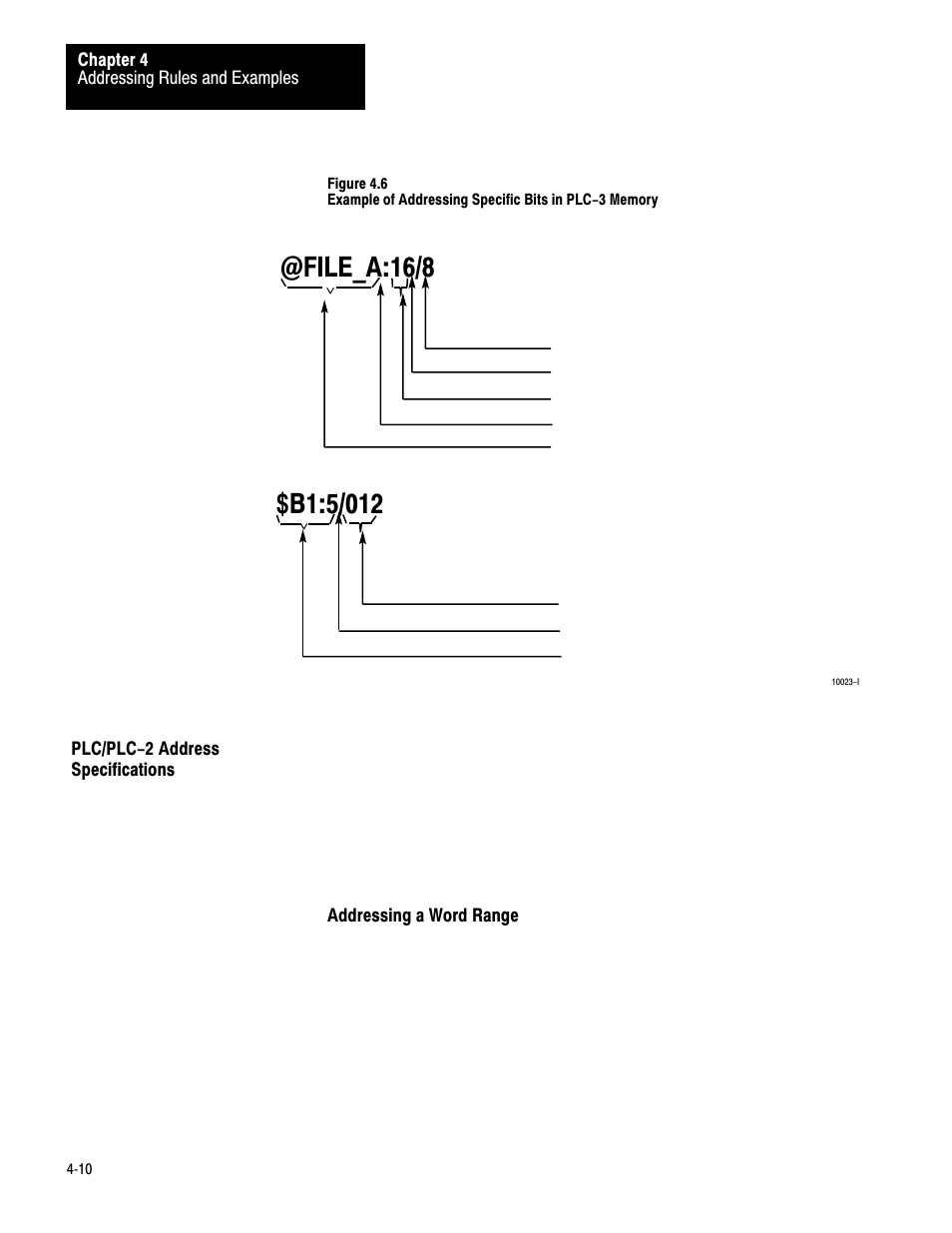 Plc/plc-2 address specifications, 4ć10, File_a:16/8 | Rockwell Automation 1775-KA PLC-3 Communication Adapter Module User Manual User Manual | Page 66 / 239