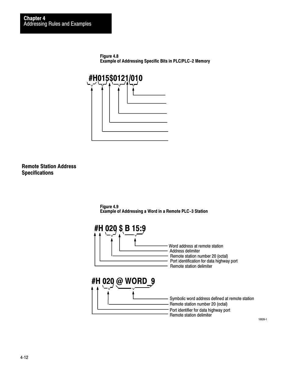 Remote station address specifications, 4ć12, H 020 @ word_9 | Rockwell Automation 1775-KA PLC-3 Communication Adapter Module User Manual User Manual | Page 68 / 239