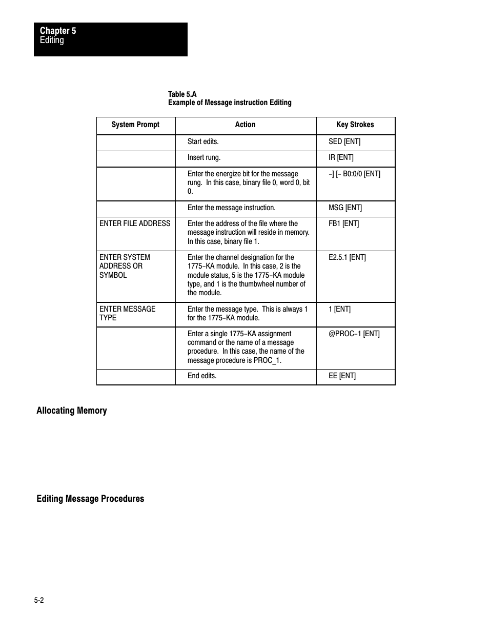 Allocating memory, Editing message procedures | Rockwell Automation 1775-KA PLC-3 Communication Adapter Module User Manual User Manual | Page 76 / 239