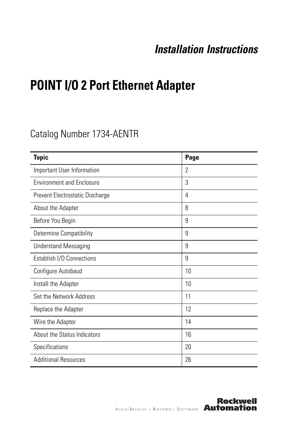 Rockwell Automation 1734-AENTR POINT I/O 2 Port EtherNet/IP Adapter User Manual | 28 pages