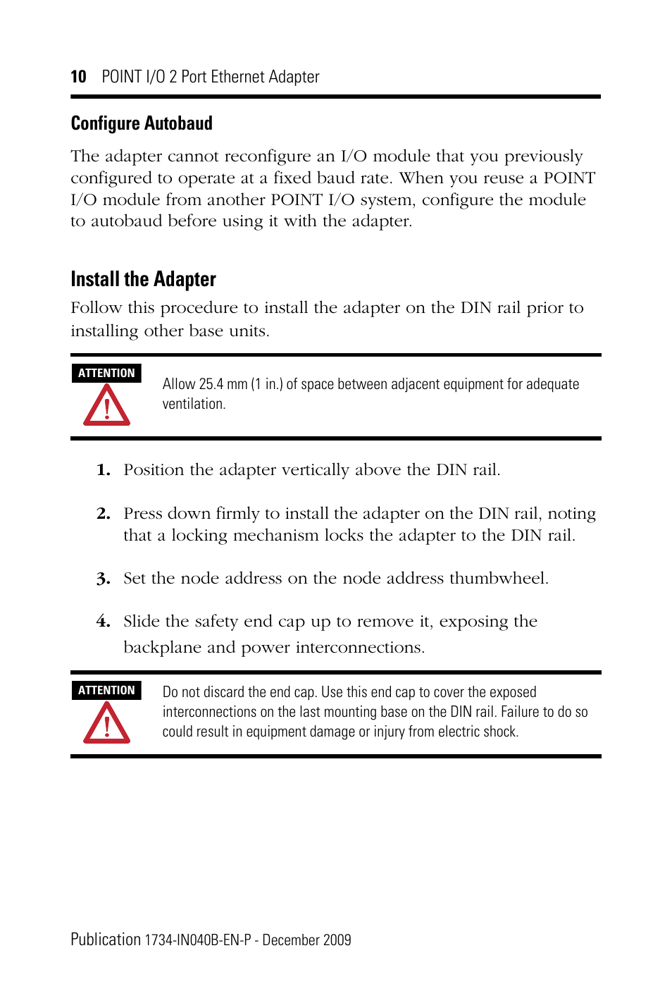 Configure autobaud, Install the adapter | Rockwell Automation 1734-AENTR POINT I/O 2 Port EtherNet/IP Adapter User Manual | Page 10 / 28