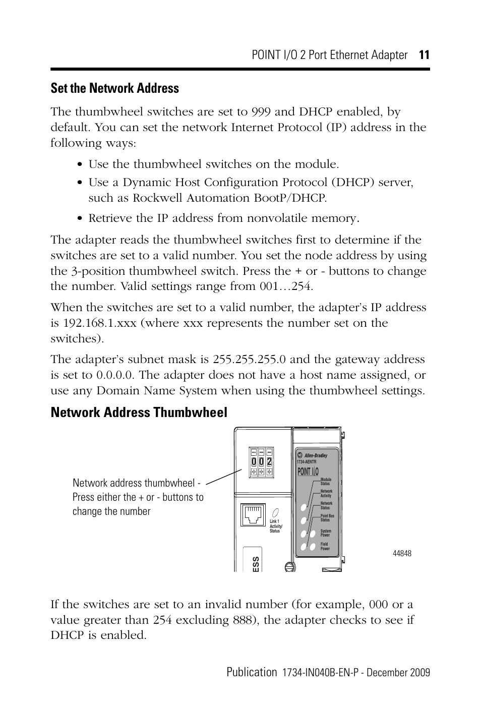 Set the network address, Network address thumbwheel, Point i/o 2 port ethernet adapter 11 publication | Rockwell Automation 1734-AENTR POINT I/O 2 Port EtherNet/IP Adapter User Manual | Page 11 / 28