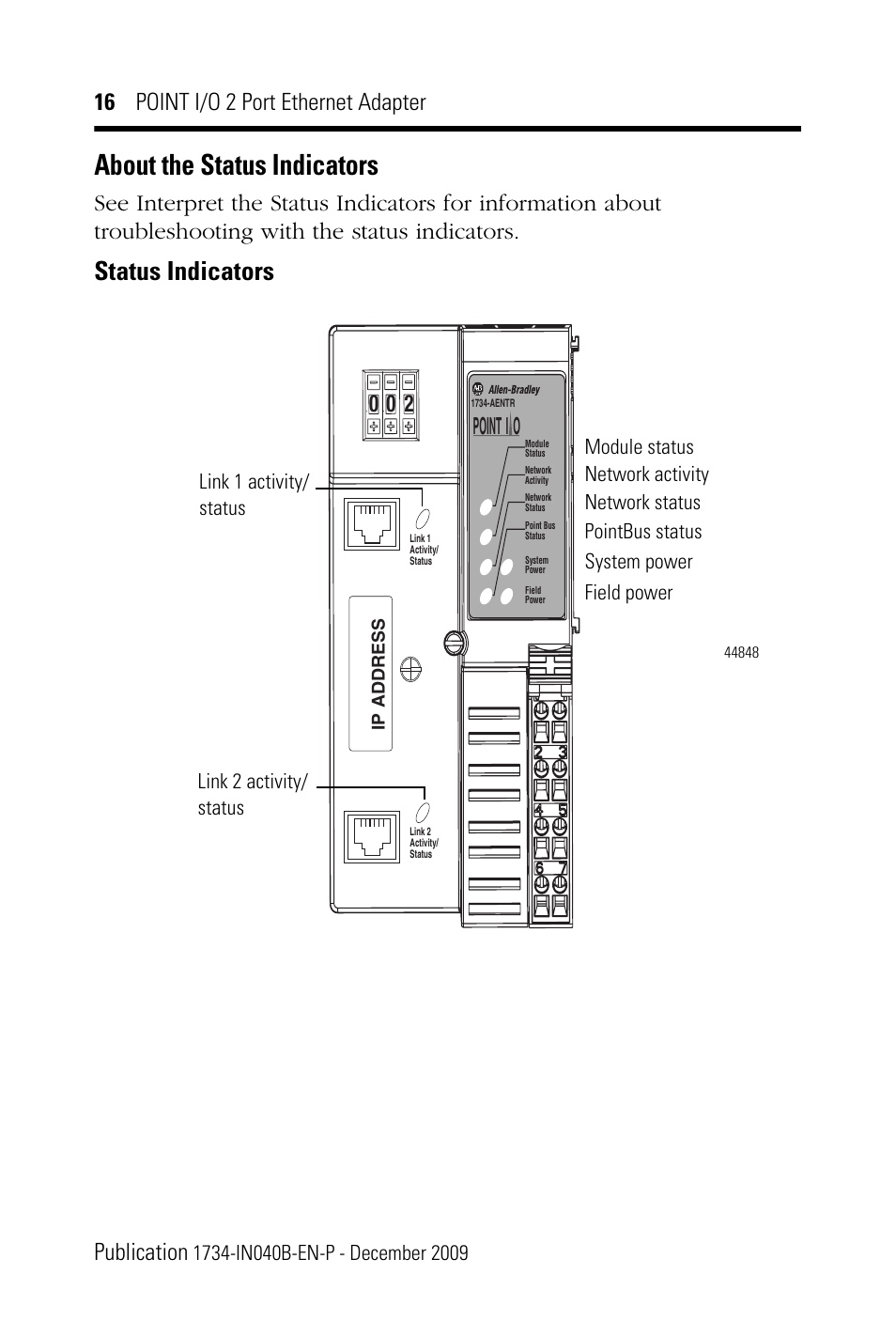 About the status indicators, Status indicators, 16 point i/o 2 port ethernet adapter publication | Point i o | Rockwell Automation 1734-AENTR POINT I/O 2 Port EtherNet/IP Adapter User Manual | Page 16 / 28