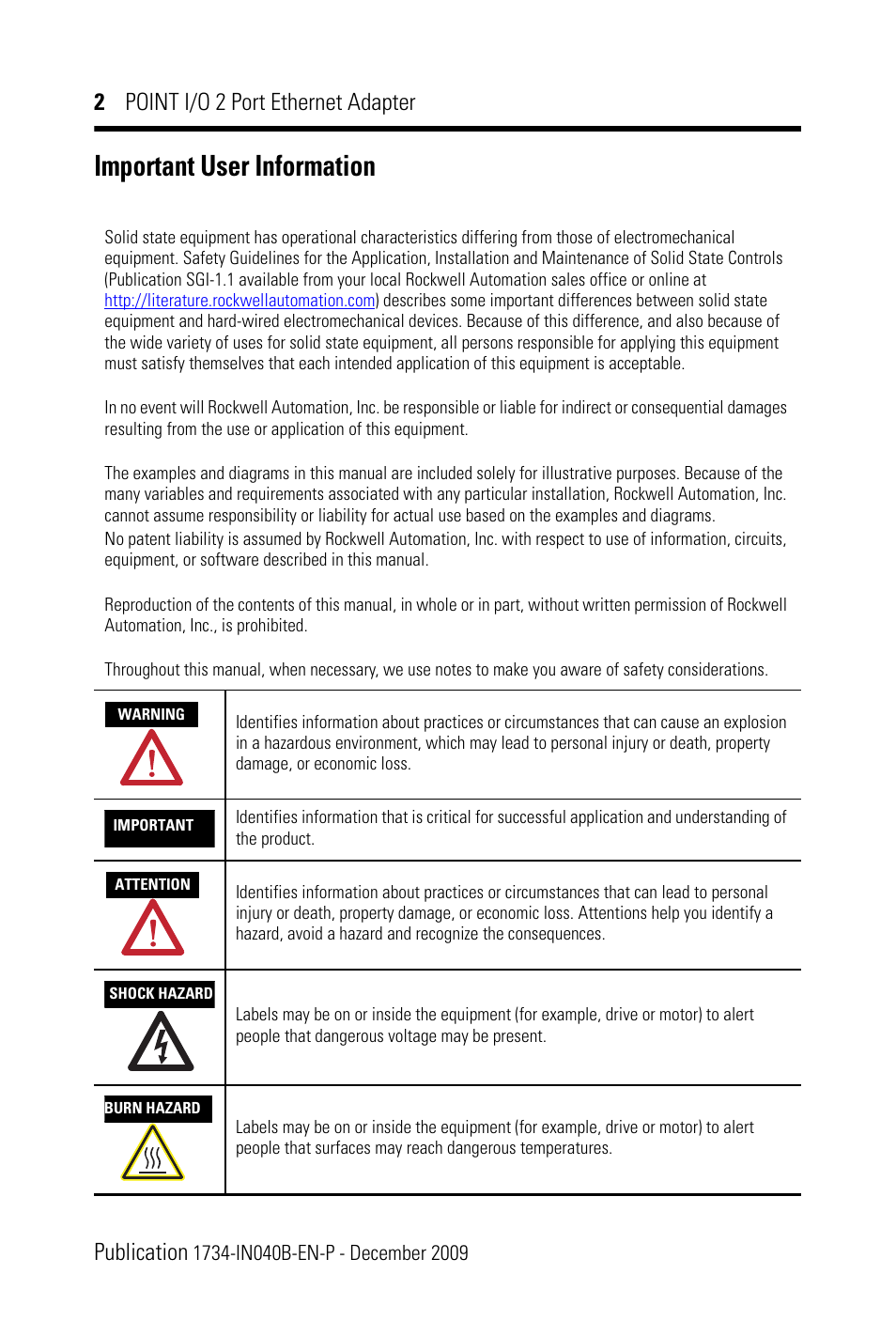 Important user information, 2 point i/o 2 port ethernet adapter publication | Rockwell Automation 1734-AENTR POINT I/O 2 Port EtherNet/IP Adapter User Manual | Page 2 / 28