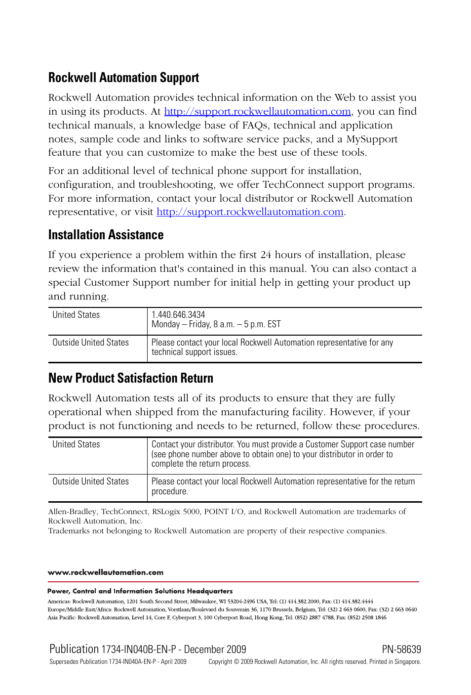 Back cover, Rockwell automation support, Installation assistance | New product satisfaction return, Publication | Rockwell Automation 1734-AENTR POINT I/O 2 Port EtherNet/IP Adapter User Manual | Page 28 / 28