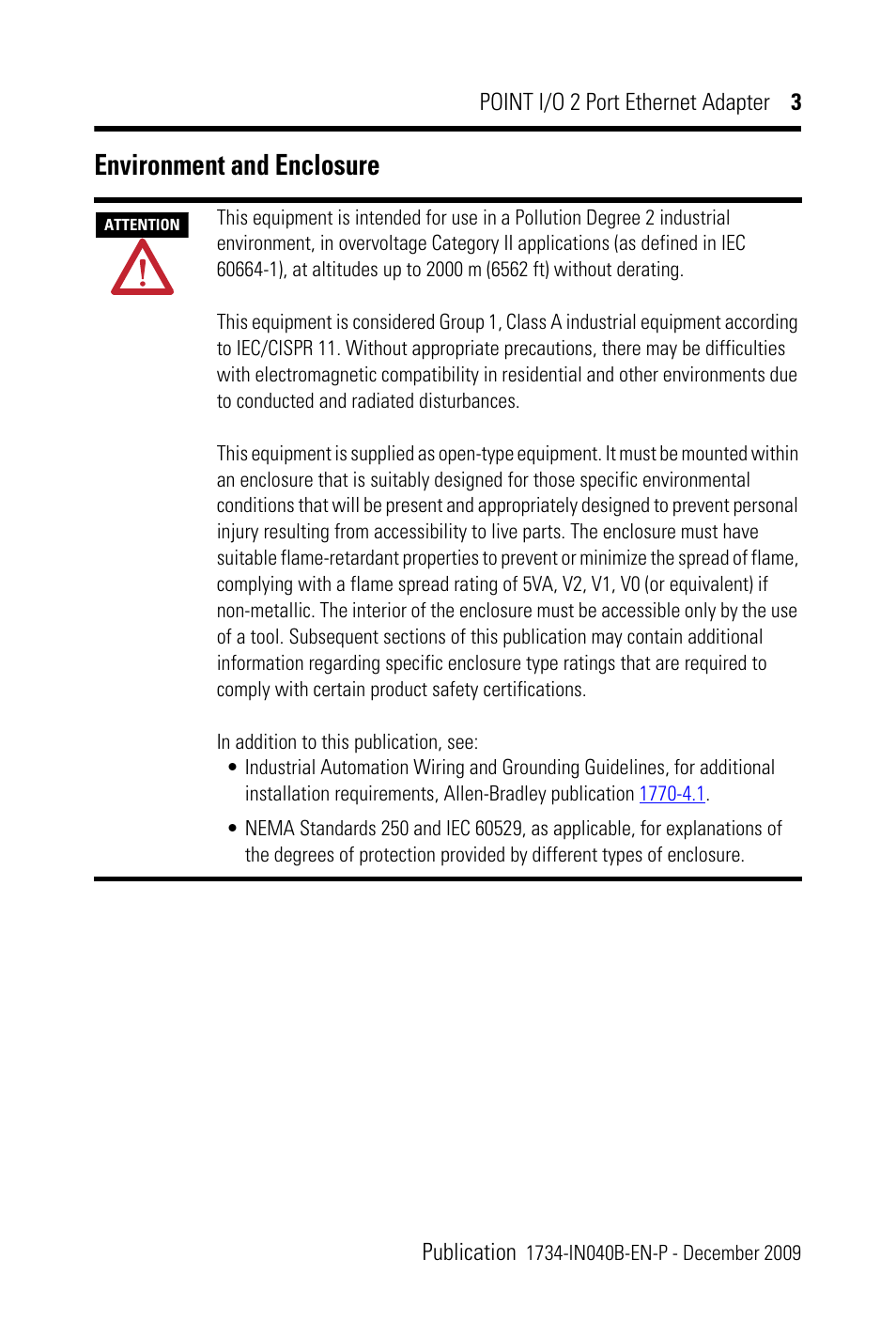 Environment and enclosure | Rockwell Automation 1734-AENTR POINT I/O 2 Port EtherNet/IP Adapter User Manual | Page 3 / 28