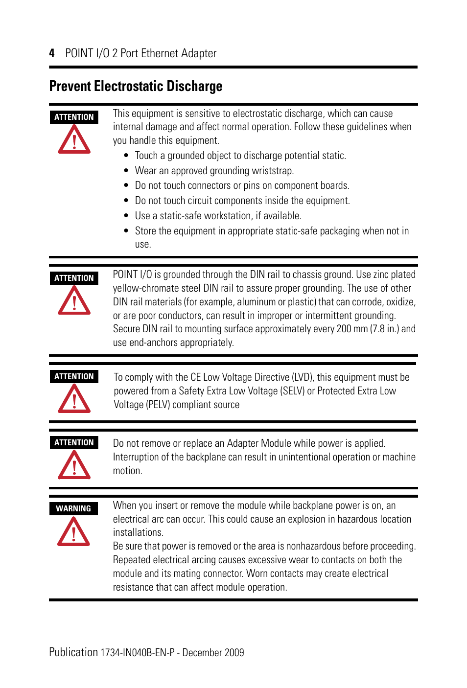 Prevent electrostatic discharge, 4 point i/o 2 port ethernet adapter publication | Rockwell Automation 1734-AENTR POINT I/O 2 Port EtherNet/IP Adapter User Manual | Page 4 / 28