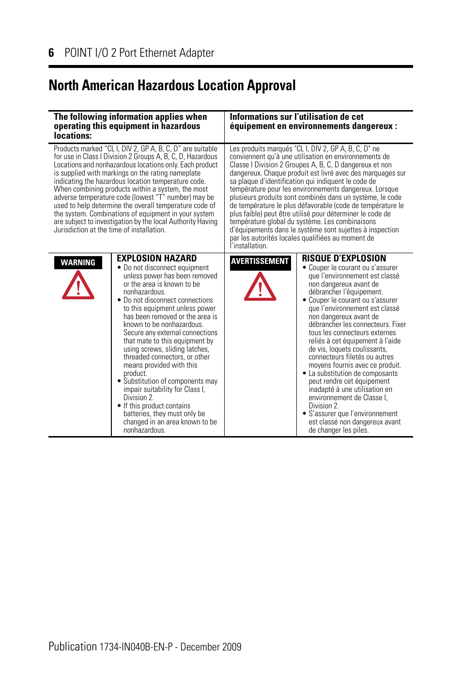 North american hazardous location approval, 6 point i/o 2 port ethernet adapter publication | Rockwell Automation 1734-AENTR POINT I/O 2 Port EtherNet/IP Adapter User Manual | Page 6 / 28