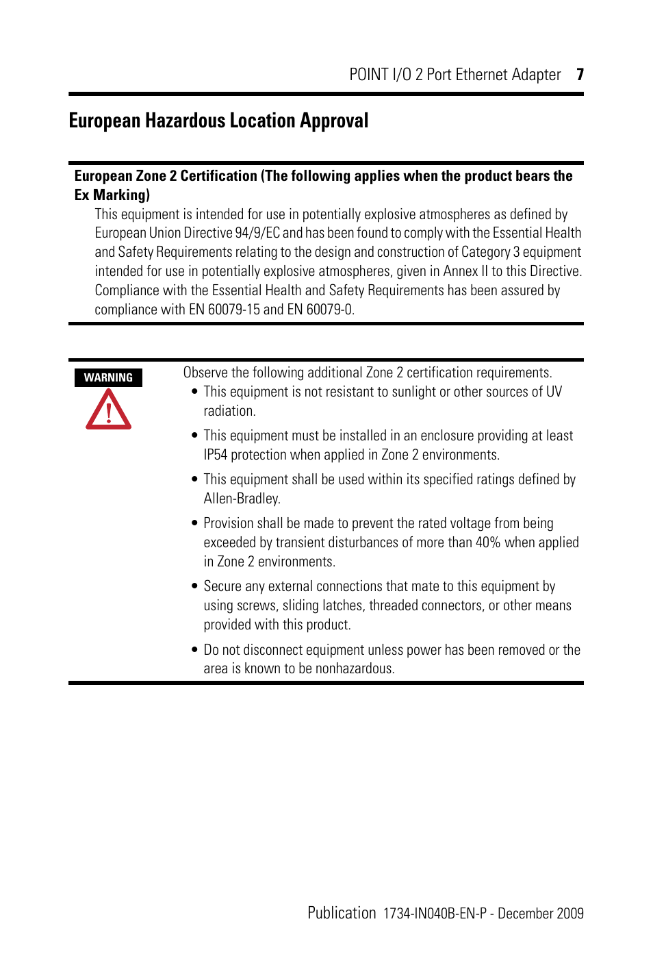 European hazardous location approval | Rockwell Automation 1734-AENTR POINT I/O 2 Port EtherNet/IP Adapter User Manual | Page 7 / 28