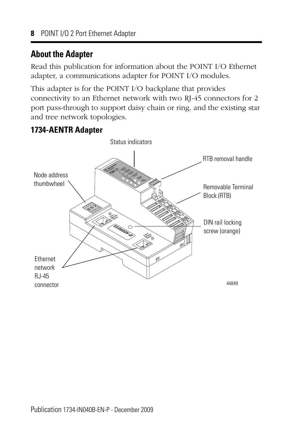 About the adapter, 1734-aentr adapter, 8 point i/o 2 port ethernet adapter publication | Rockwell Automation 1734-AENTR POINT I/O 2 Port EtherNet/IP Adapter User Manual | Page 8 / 28