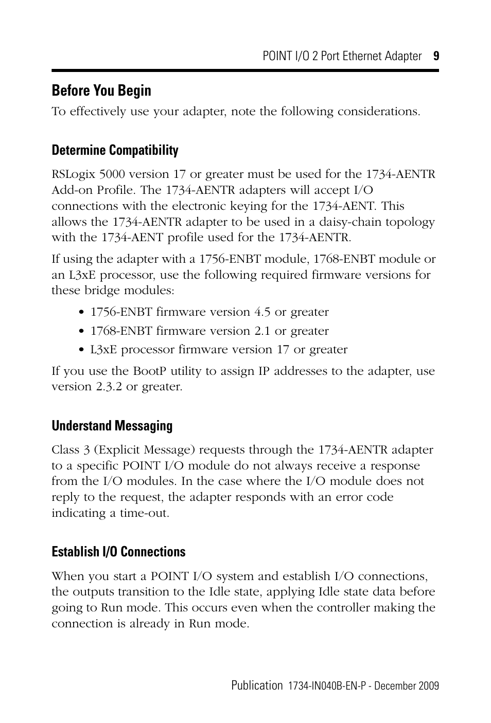 Before you begin, Determine compatibility, Understand messaging | Establish i/o connections | Rockwell Automation 1734-AENTR POINT I/O 2 Port EtherNet/IP Adapter User Manual | Page 9 / 28