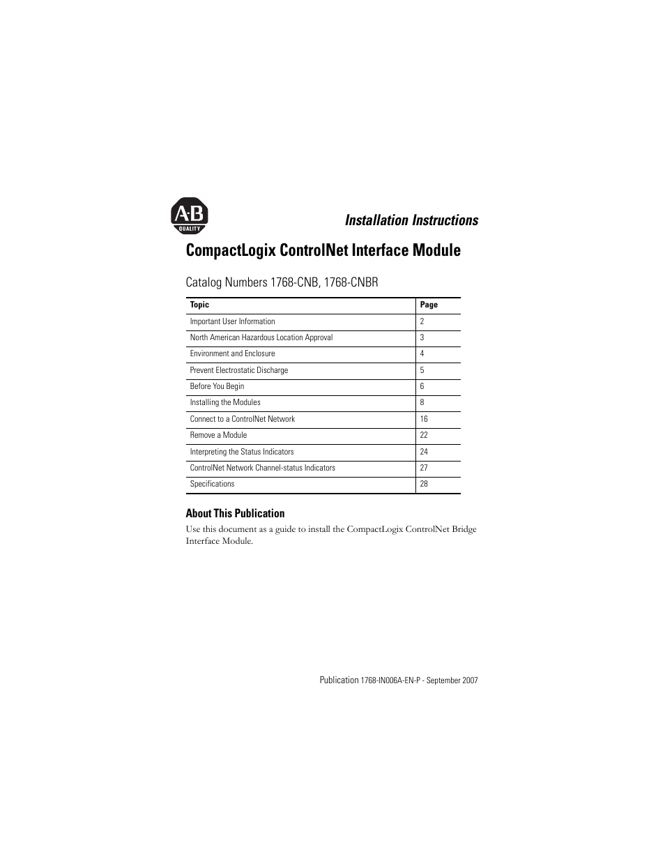 Rockwell Automation 1768-CNBR CompactLogix ControlNet Communication Module Installation Instructions User Manual | 36 pages