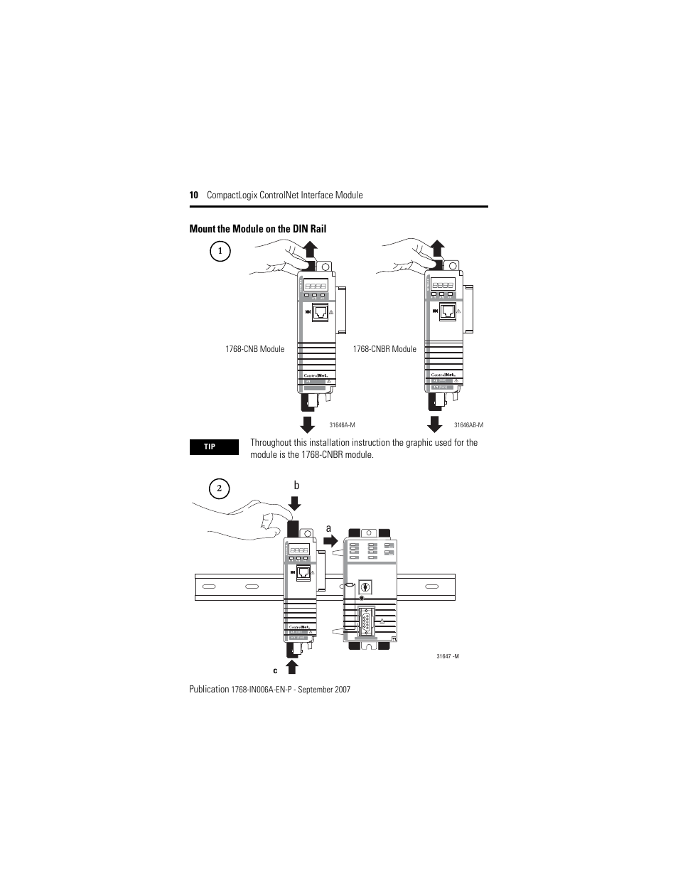 Mount the module on the din rail | Rockwell Automation 1768-CNBR CompactLogix ControlNet Communication Module Installation Instructions User Manual | Page 10 / 36