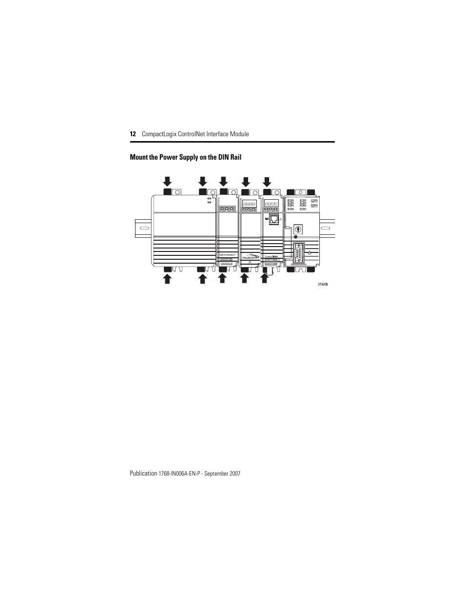 Mount the power supply on the din rail | Rockwell Automation 1768-CNBR CompactLogix ControlNet Communication Module Installation Instructions User Manual | Page 12 / 36